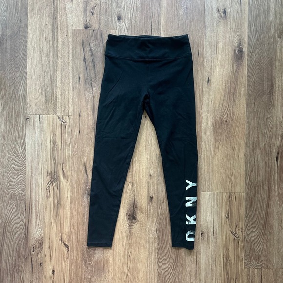 DKNY Sport Pants - DKNY Sport Womens Black Silver Metallic Logo Cotton Stretch Leggings Size M